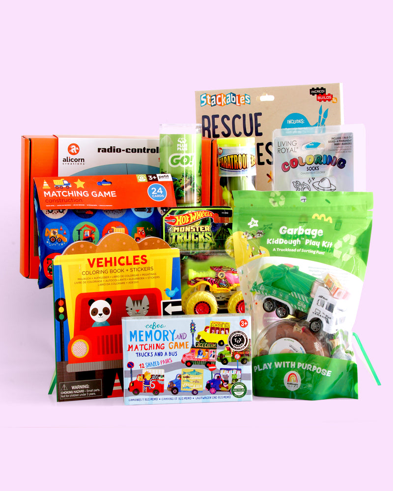 Untamed Post Cars & Trucks Gift Bundle with age-appropriate, candy-free vehicle-themed toys and activities for kids ages 3–11, custom selected by age and interests.