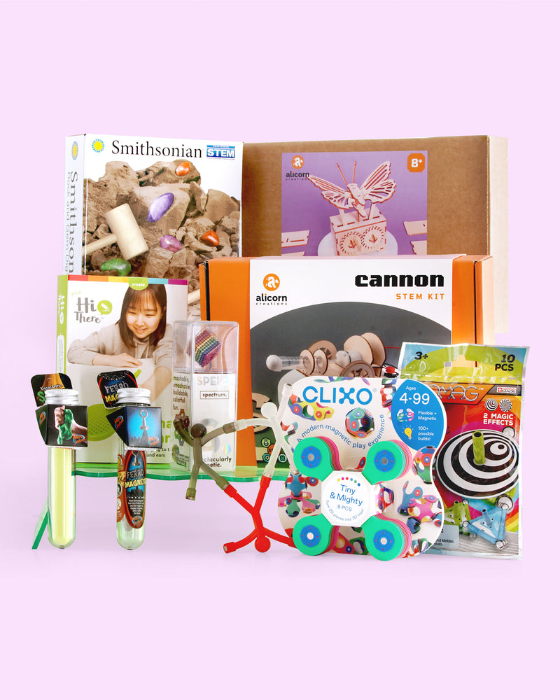 Untamed Post Curious Kiddo STEM Bundle featuring age-appropriate, candy-free science, building, and discovery toys for kids ages 3–11, custom selected by age and interests.